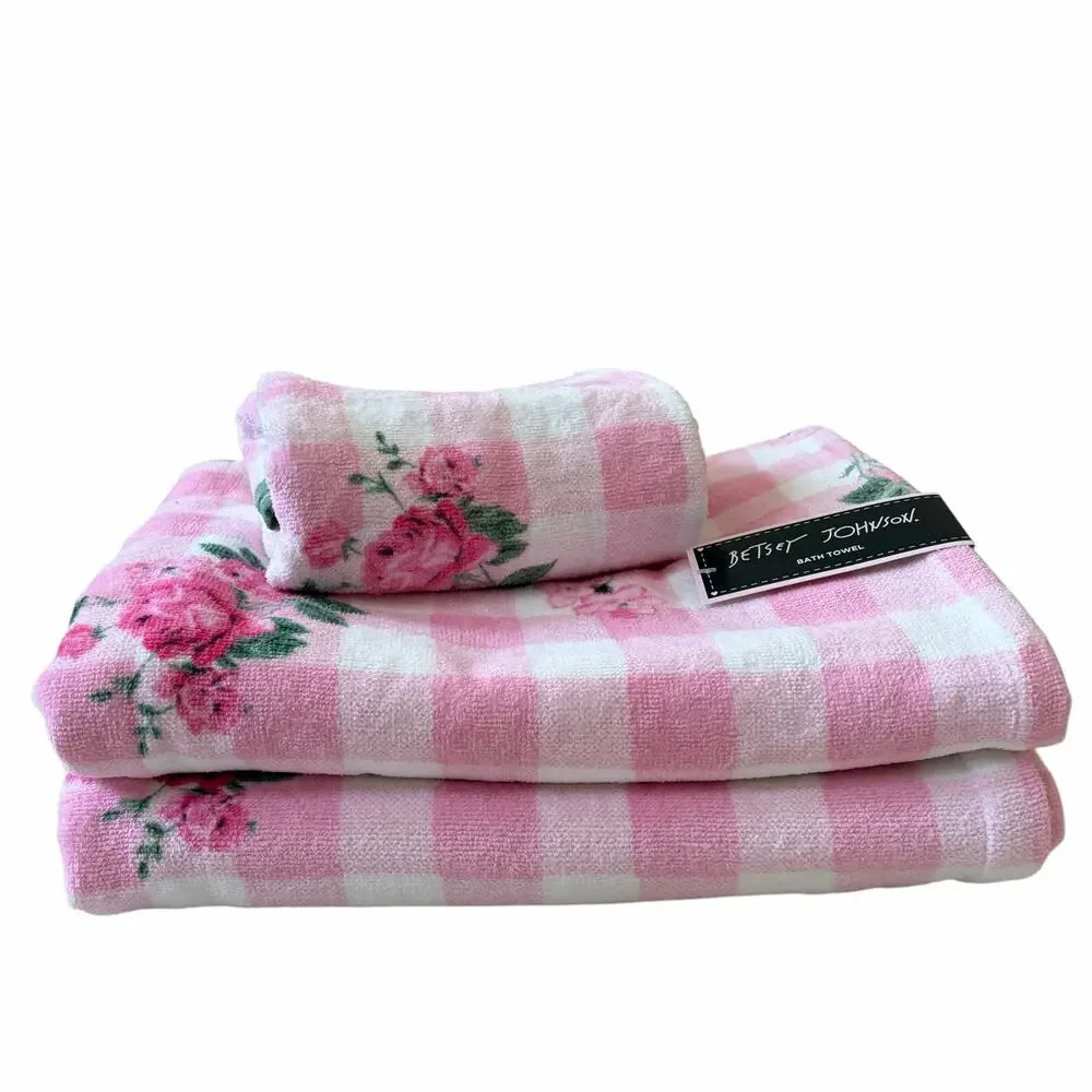 Betsey Johnson Pink Gingham Floral Towels 3pc Set 2 Bath 1 Hand 100% Cotton NEW